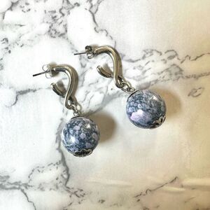 Silver tone purple marbled ball drop earrings